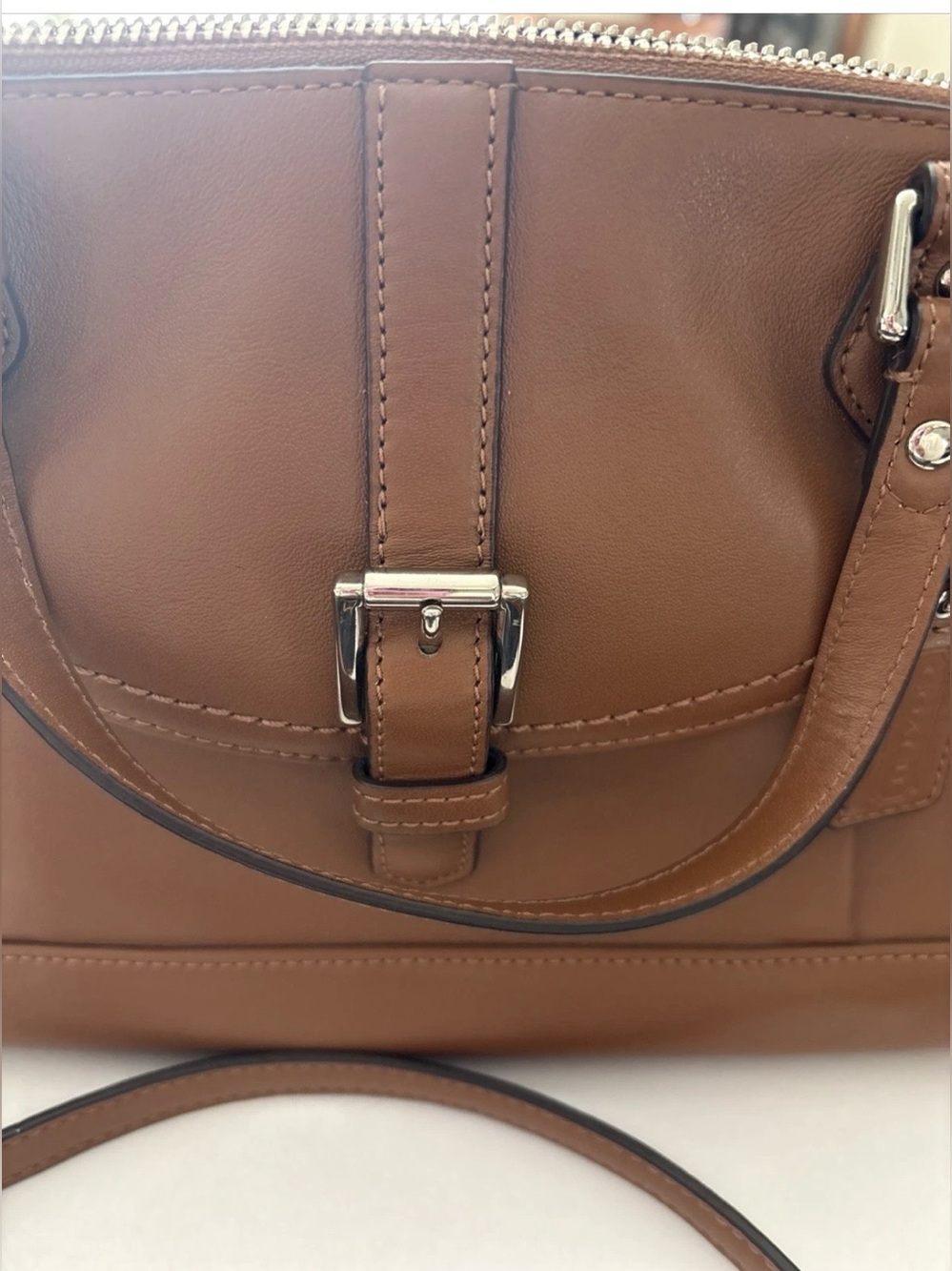 Coach Tan Leather Satchel with Detachable Strap zipper crossbody bag. - Picture 3 of 16